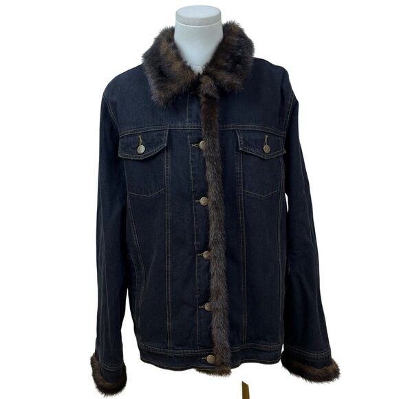 Dennis Basso Denim Jean Jacket With Brown Faux Fur Collar & Cuffs For Women Sz L - Picture 1 of 12